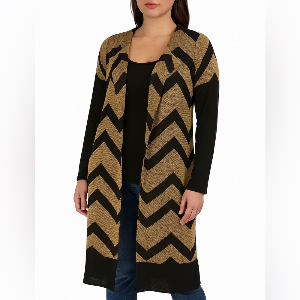 Misook Long Line Open Front Cardigan Chevron Black Gold XS